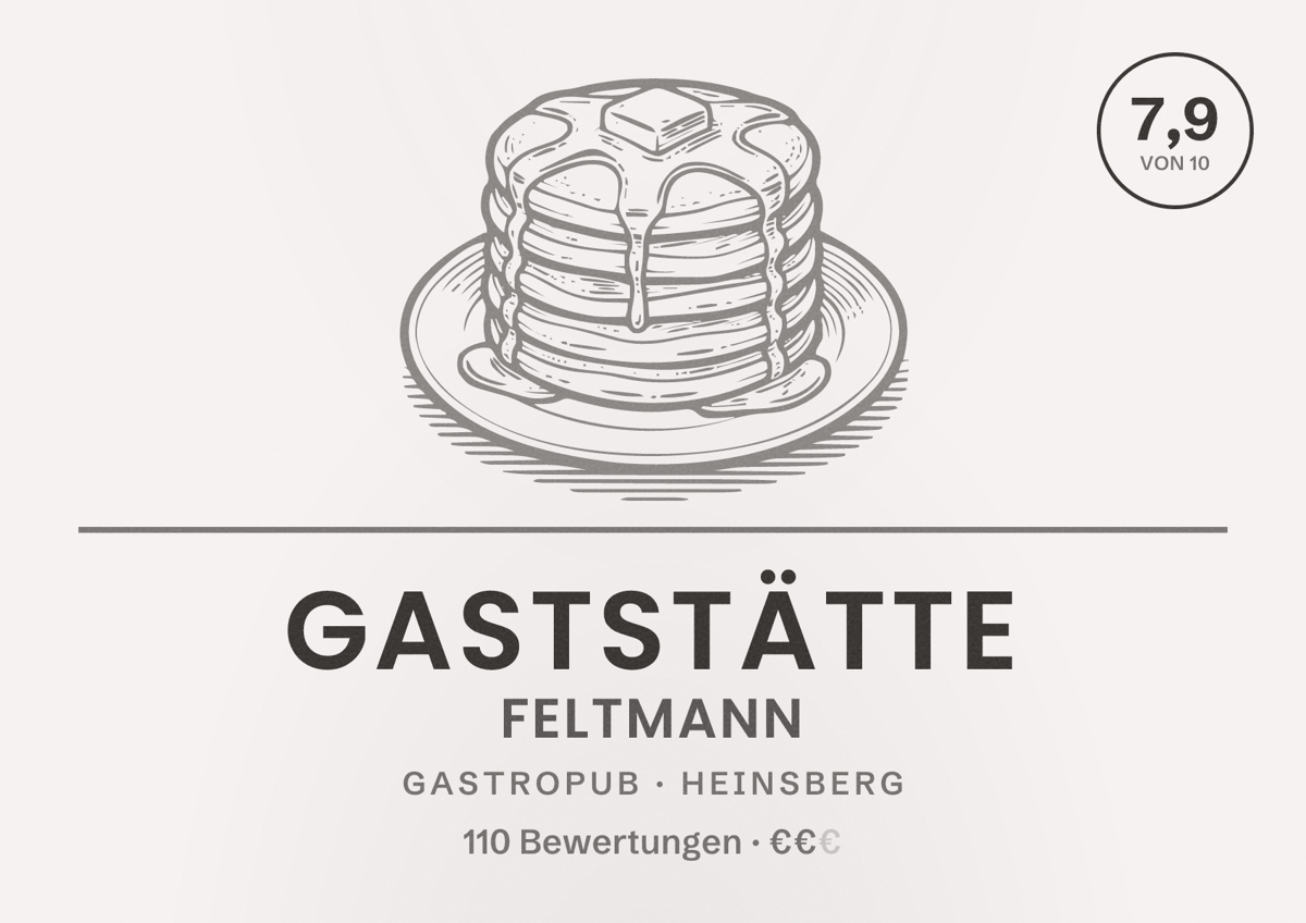 Illustriertes Poster von Gaststätte Feltmann, Gastropub in Heinsberg: Bewertung 7,9 von 10 aus 110 Bewertungen, Preisniveau €€