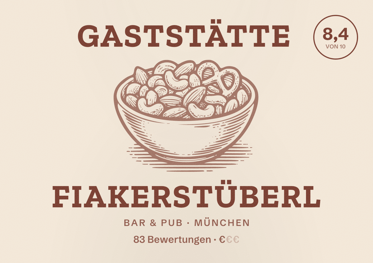 Illustriertes Poster von Gaststätte Fiakerstüberl, Bar & Pub in München: Bewertung 8,4 von 10 aus 83 Bewertungen, Preisniveau €