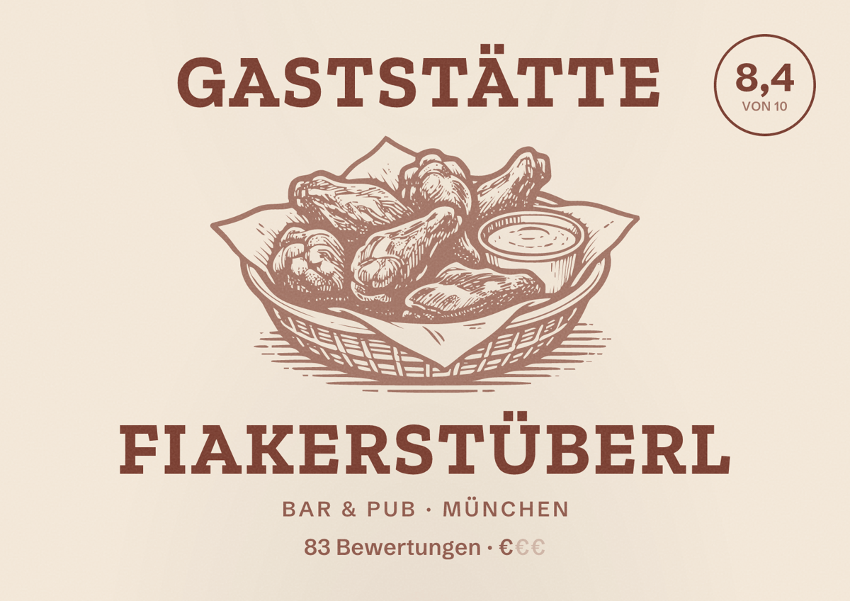 Illustriertes Poster von Gaststätte Fiakerstüberl, Bar & Pub in München: Bewertung 8,4 von 10 aus 83 Bewertungen, Preisniveau €