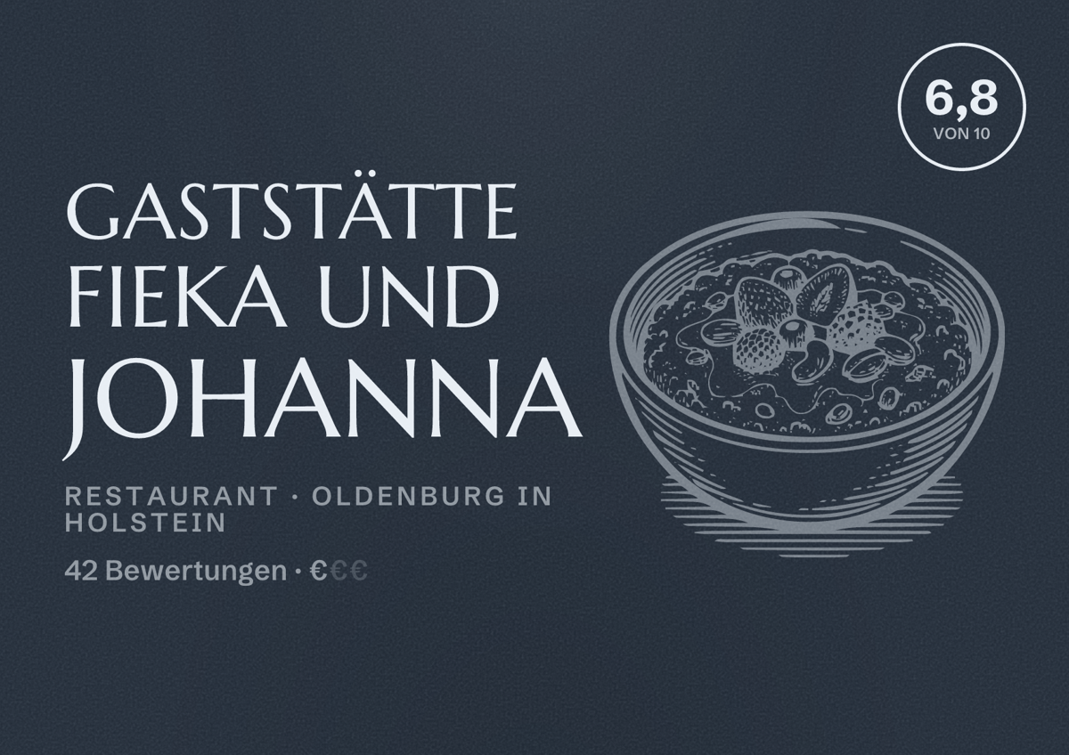 Illustriertes Poster von Gaststätte Fieka und Johanna, Restaurant in Oldenburg in Holstein: Bewertung 6,8 von 10 aus 42 Bewertungen, Preisniveau €