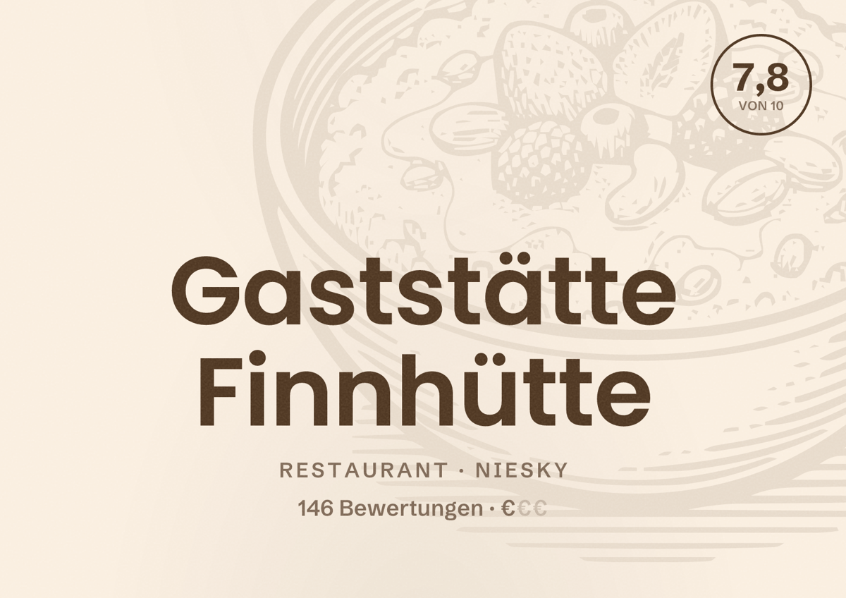 Illustriertes Poster von Gaststätte Finnhütte, Restaurant in Niesky: Bewertung 7,8 von 10 aus 146 Bewertungen, Preisniveau €