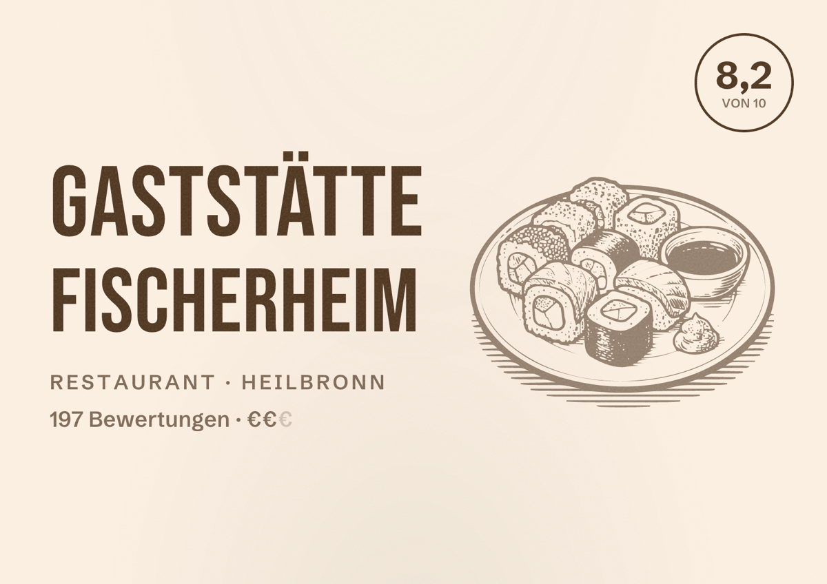 Illustriertes Poster von Gaststätte Fischerheim, Restaurant in Heilbronn: Bewertung 8,2 von 10 aus 197 Bewertungen, Preisniveau €€