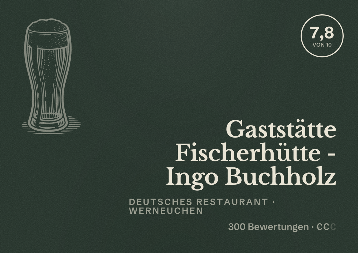 Illustriertes Poster von Gaststätte Fischerhütte - Ingo Buchholz, Deutsches Restaurant in Werneuchen: Bewertung 7,8 von 10 aus 300 Bewertungen, Preisniveau €€