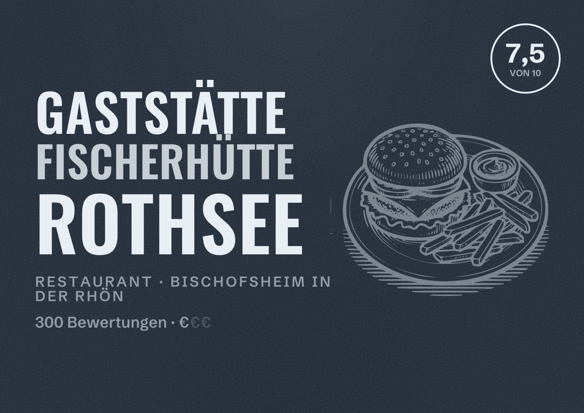 Illustriertes Poster von Gaststätte Fischerhütte Rothsee, Restaurant in Bischofsheim in der Rhön: Bewertung 7,5 von 10 aus 300 Bewertungen, Preisniveau €