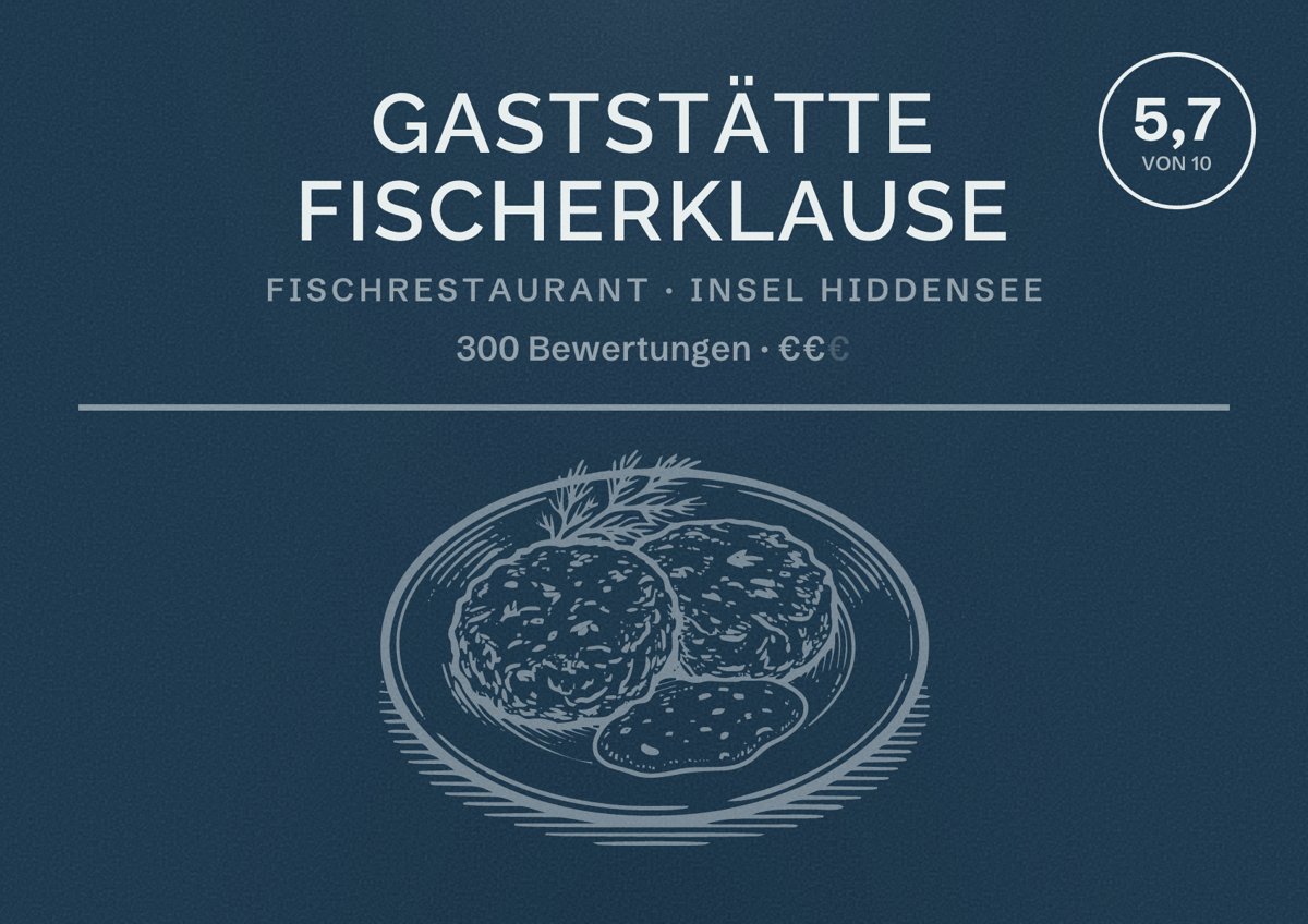 Illustriertes Poster von Gaststätte Fischerklause, Fischrestaurant in Insel Hiddensee: Bewertung 5,7 von 10 aus 300 Bewertungen, Preisniveau €€