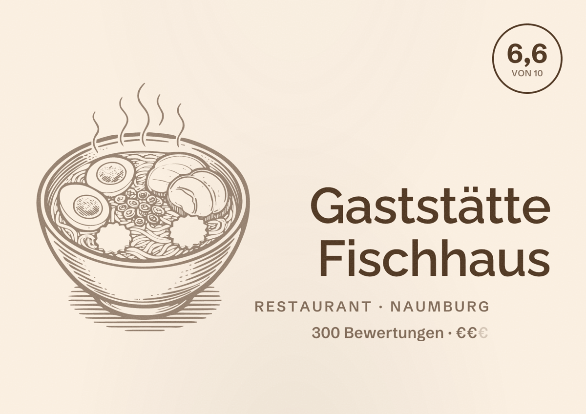 Illustriertes Poster von Gaststätte Fischhaus, Restaurant in Naumburg: Bewertung 6,6 von 10 aus 300 Bewertungen, Preisniveau €€