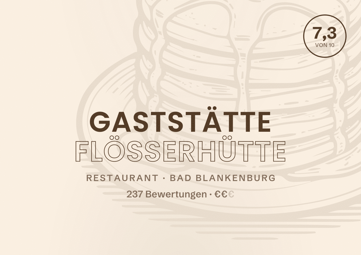 Illustriertes Poster von Gaststätte Flößerhütte, Restaurant in Bad Blankenburg: Bewertung 7,3 von 10 aus 237 Bewertungen, Preisniveau €€