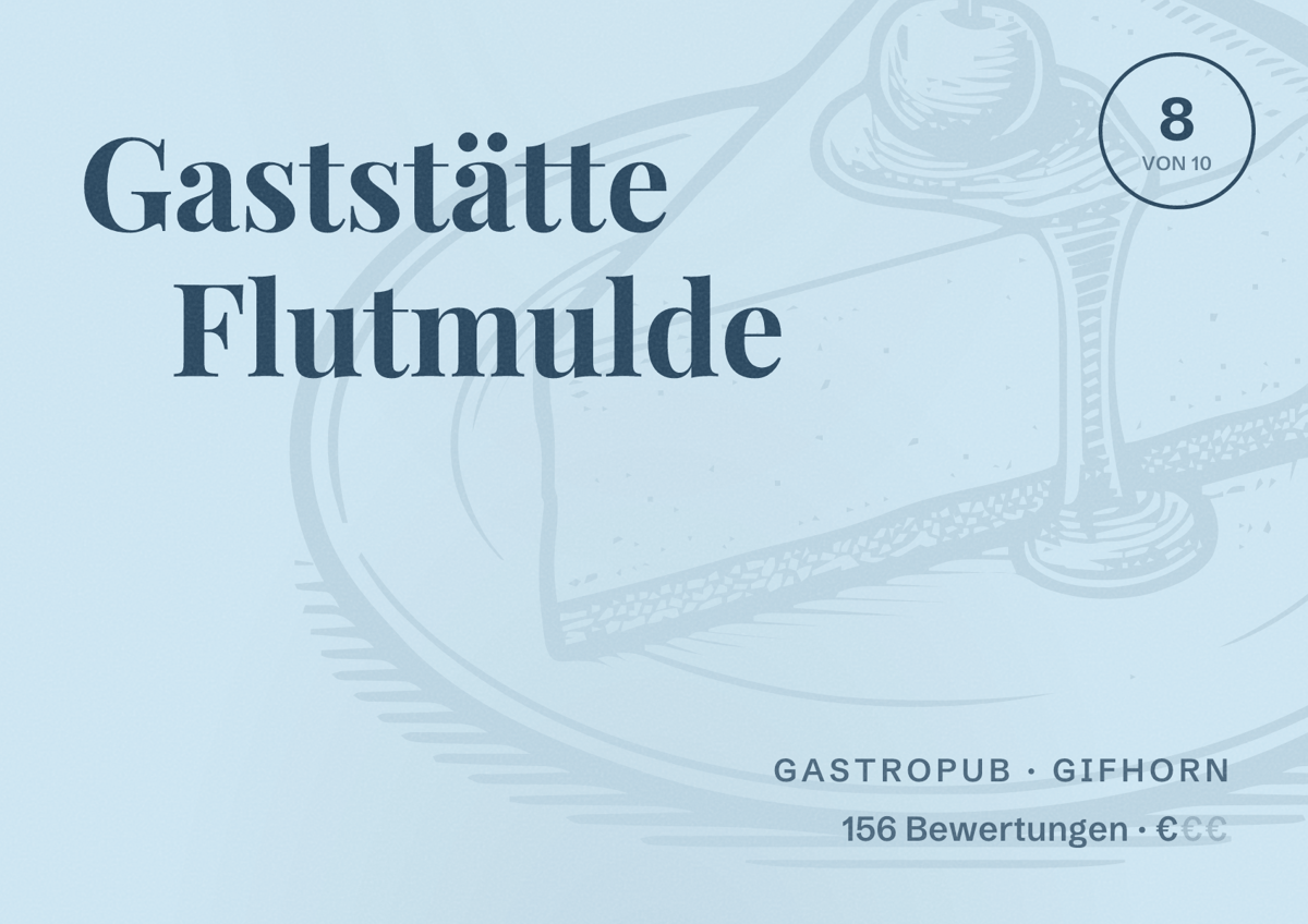 Illustriertes Poster von Gaststätte Flutmulde, Gastropub in Gifhorn: Bewertung 8 von 10 aus 156 Bewertungen, Preisniveau €