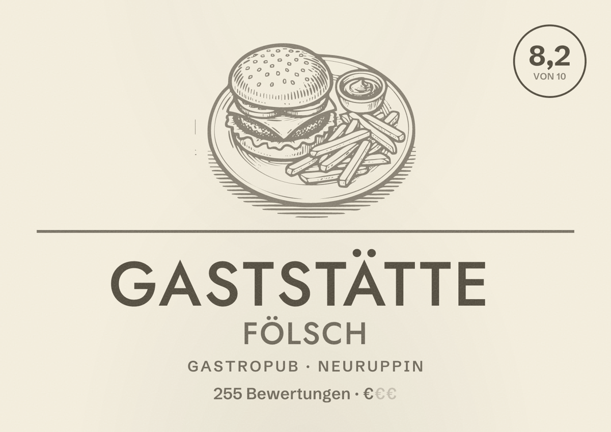 Illustriertes Poster von Gaststätte Fölsch, Gastropub in Neuruppin: Bewertung 8,2 von 10 aus 255 Bewertungen, Preisniveau €