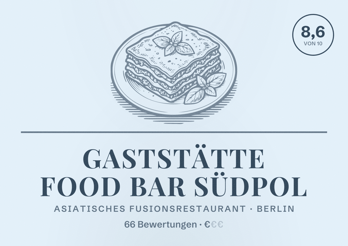 Illustriertes Poster von Gaststätte Food Bar Südpol, Asiatisches Fusionsrestaurant in Berlin: Bewertung 8,6 von 10 aus 66 Bewertungen, Preisniveau €