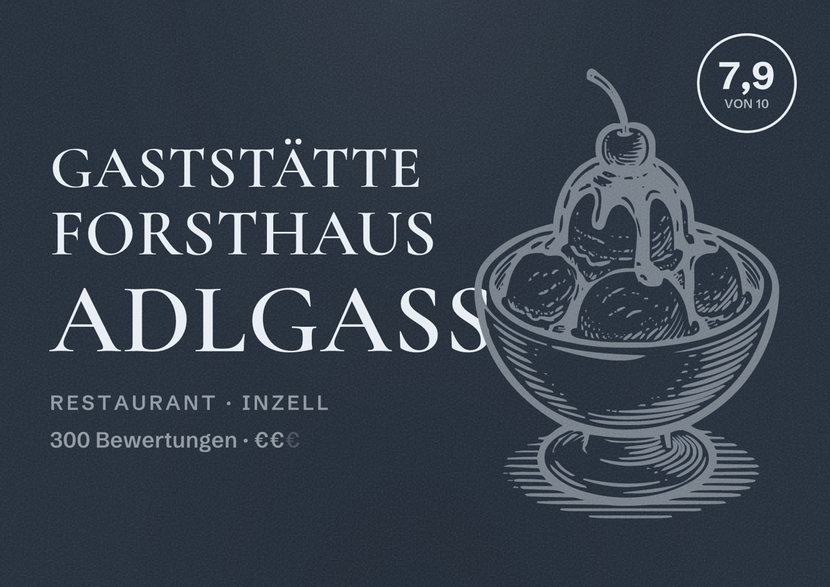 Illustriertes Poster von Gaststätte Forsthaus Adlgaß, Restaurant in Inzell: Bewertung 7,9 von 10 aus 300 Bewertungen, Preisniveau €€