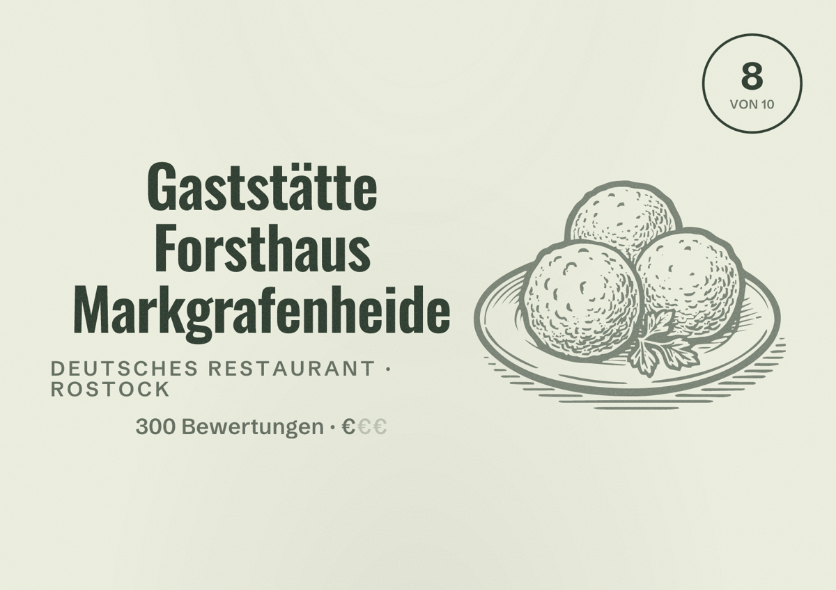 Illustriertes Poster von Gaststätte Forsthaus Markgrafenheide, Deutsches Restaurant in Rostock: Bewertung 8,0 von 10 aus 300 Bewertungen, Preisniveau €