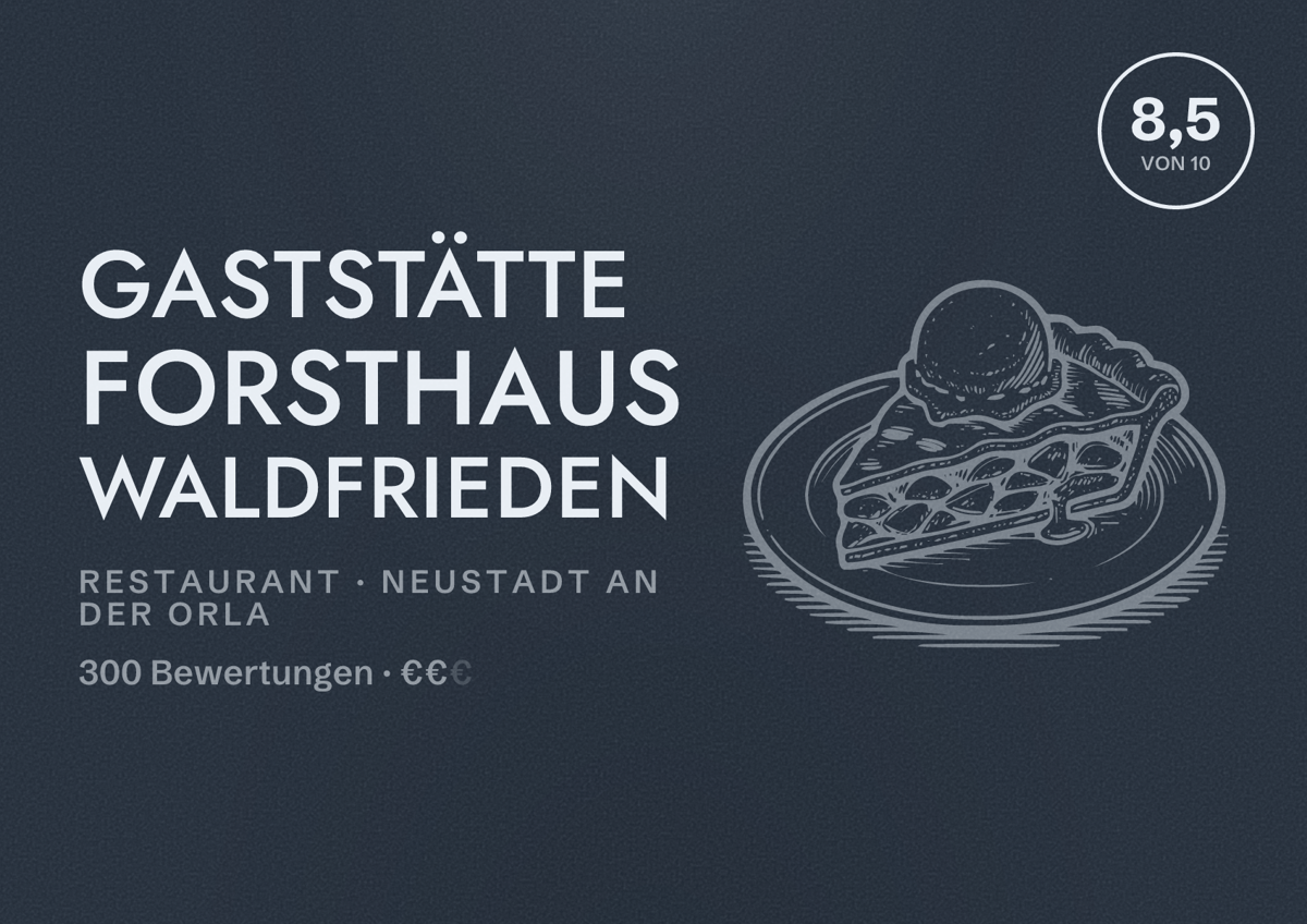 Illustriertes Poster von Gaststätte Forsthaus Waldfrieden, Restaurant in Neustadt an der Orla: Bewertung 8,5 von 10 aus 300 Bewertungen, Preisniveau €€