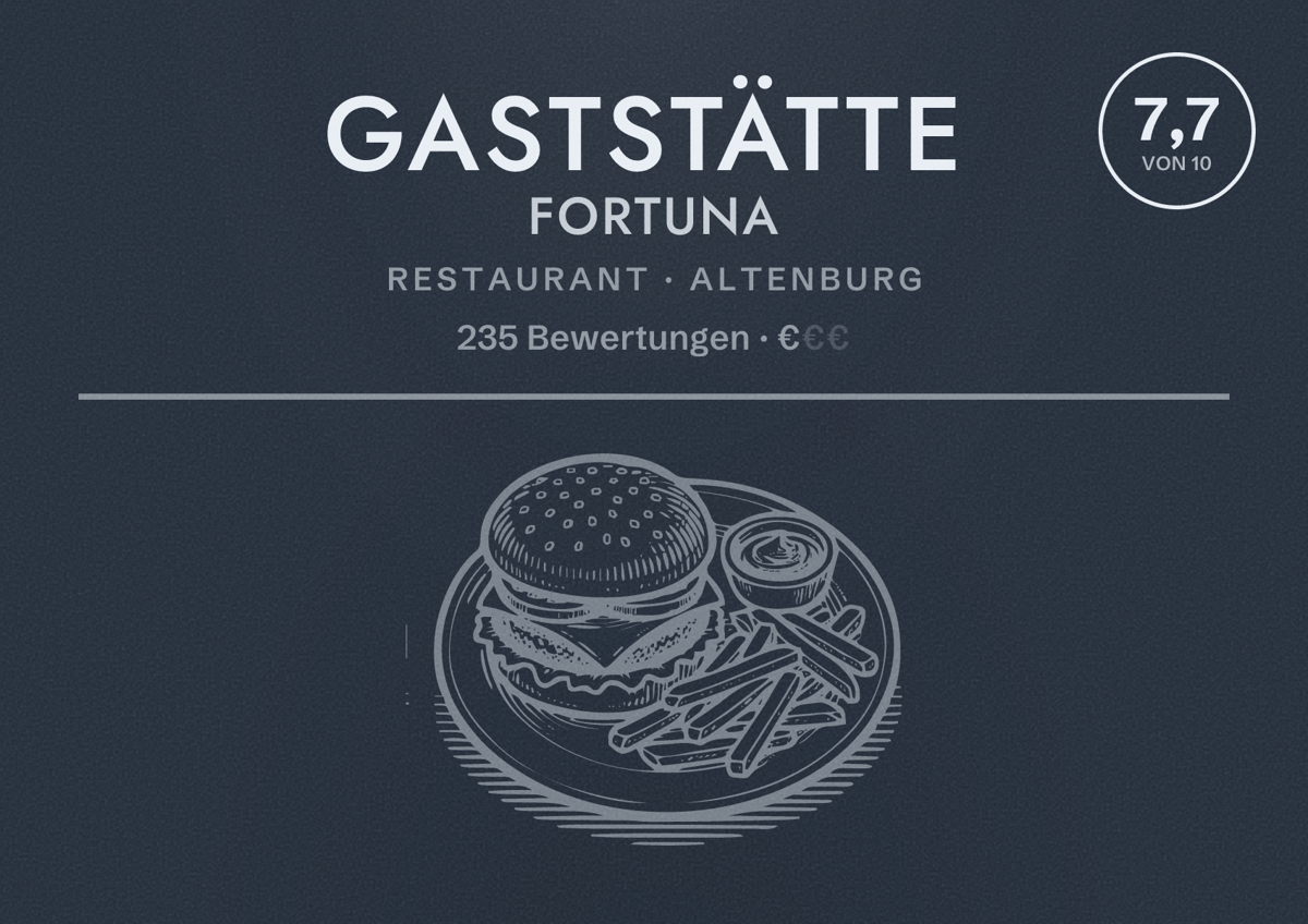 Illustriertes Poster von Gaststätte Fortuna, Restaurant in Altenburg: Bewertung 7,7 von 10 aus 235 Bewertungen, Preisniveau €
