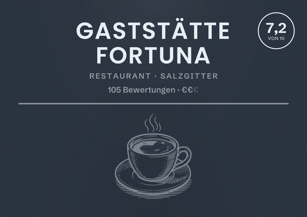 Illustriertes Poster von Gaststätte Fortuna, Restaurant in Salzgitter: Bewertung 7,2 von 10 aus 105 Bewertungen, Preisniveau €€
