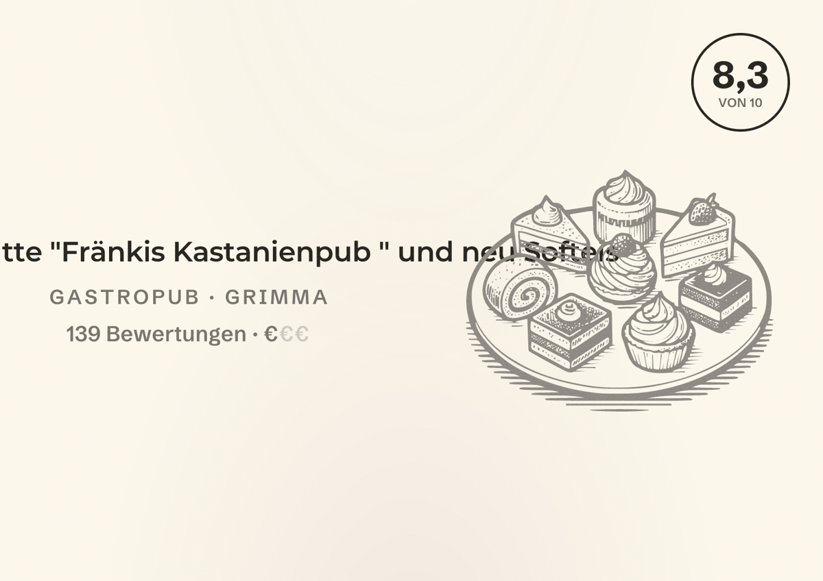 Illustriertes Poster von Gaststätte "Fränkis Kastanienpub " und neu Softeis, Gastropub in Grimma: Bewertung 8,3 von 10 aus 139 Bewertungen, Preisniveau €