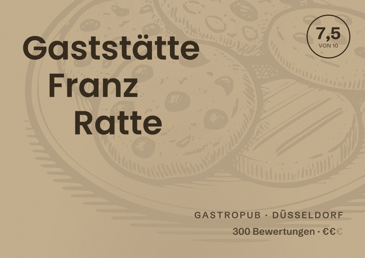 Illustriertes Poster von Gaststätte Franz Ratte, Gastropub in Düsseldorf: Bewertung 7,5 von 10 aus 300 Bewertungen, Preisniveau €€