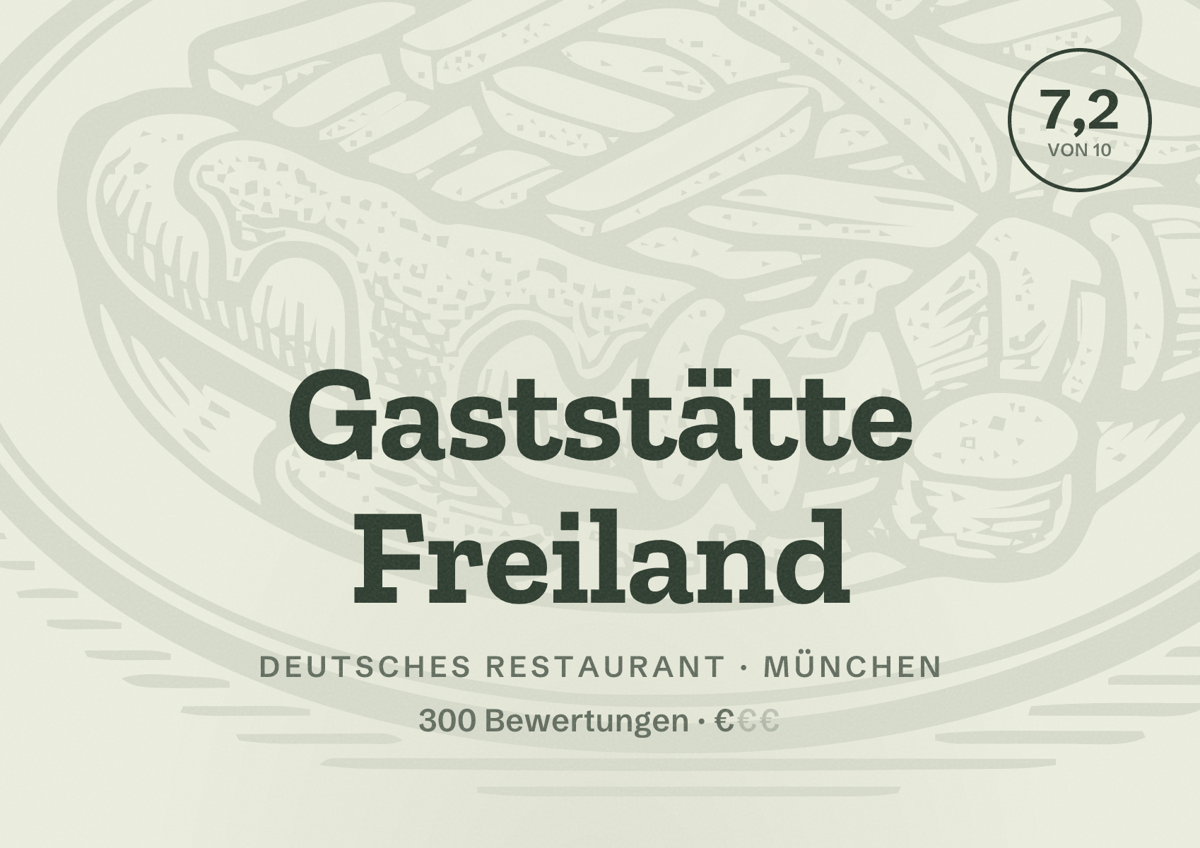 Illustriertes Poster von Gaststätte Freiland, Deutsches Restaurant in München: Bewertung 7,2 von 10 aus 300 Bewertungen, Preisniveau €