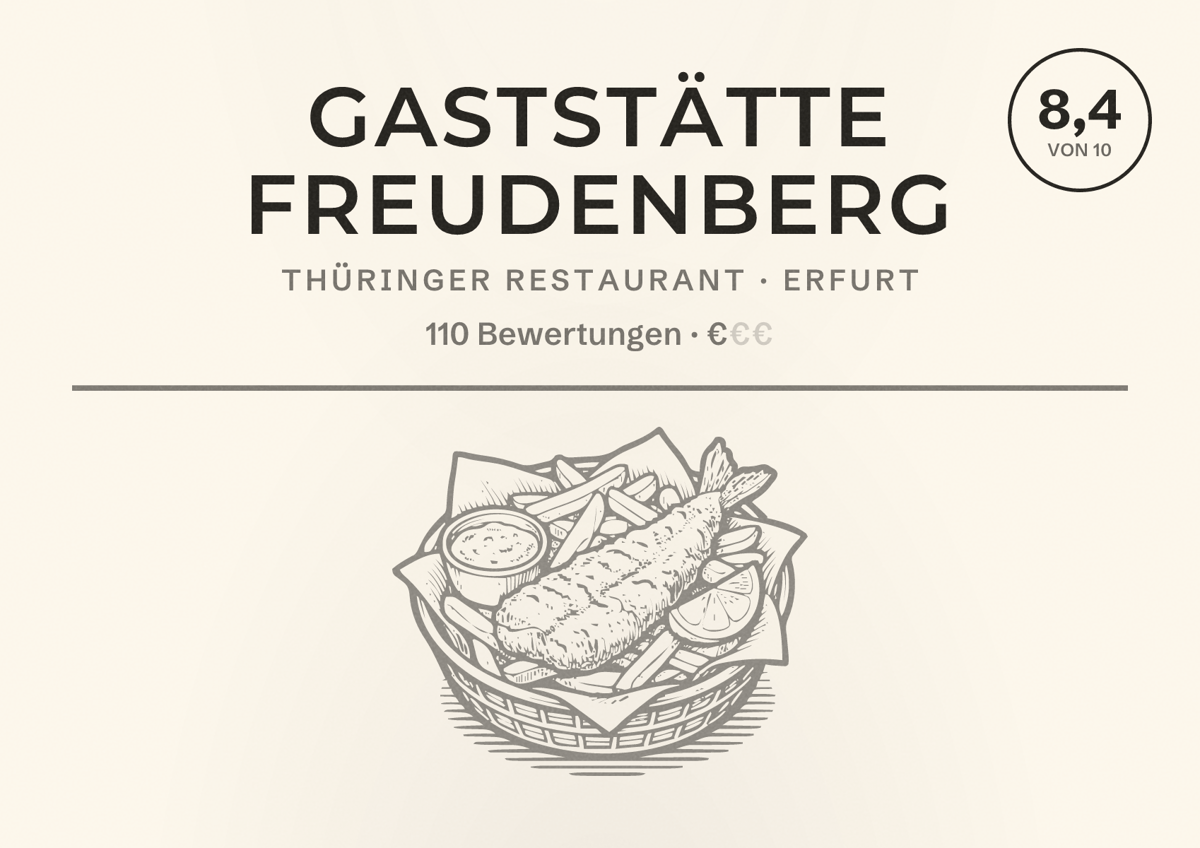 Illustriertes Poster von Gaststätte Freudenberg, Thüringer Restaurant in Erfurt: Bewertung 8,4 von 10 aus 110 Bewertungen, Preisniveau €
