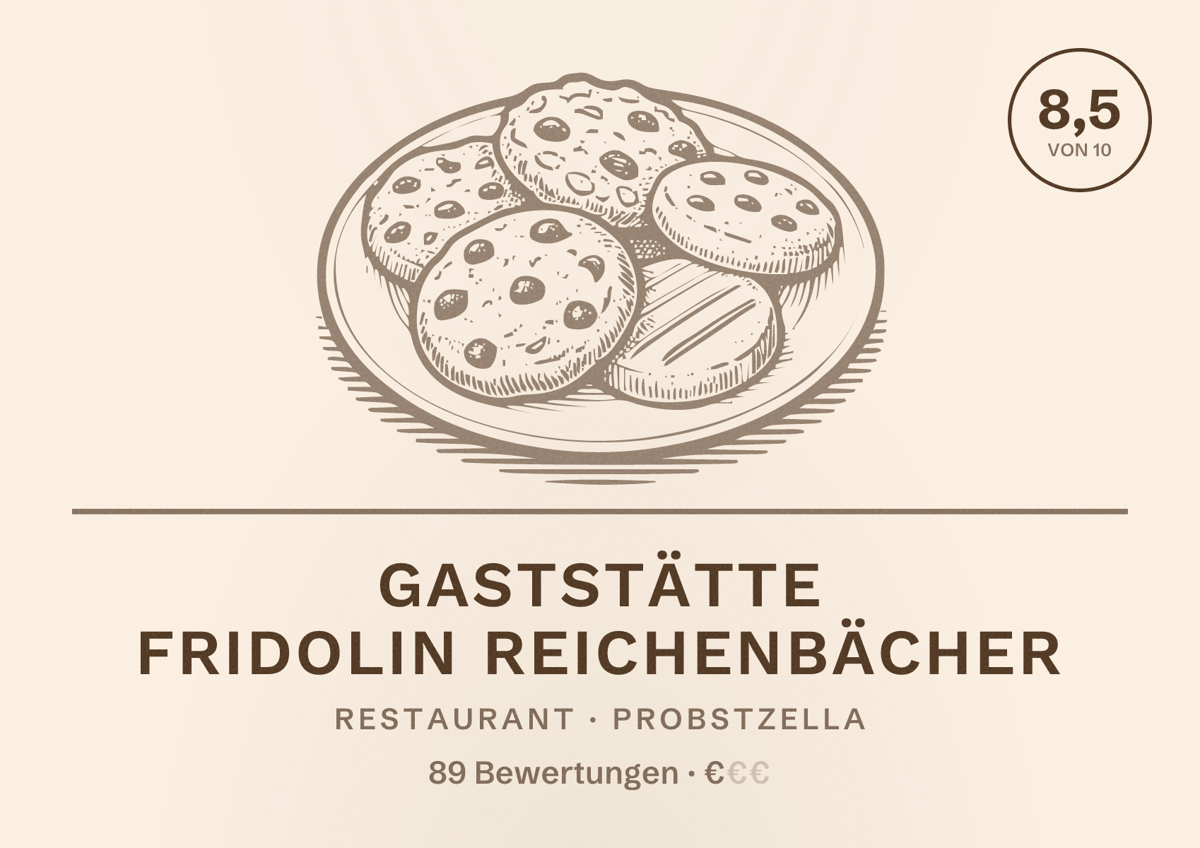 Illustriertes Poster von Gaststätte Fridolin Reichenbächer, Restaurant in Probstzella: Bewertung 8,5 von 10 aus 89 Bewertungen, Preisniveau €