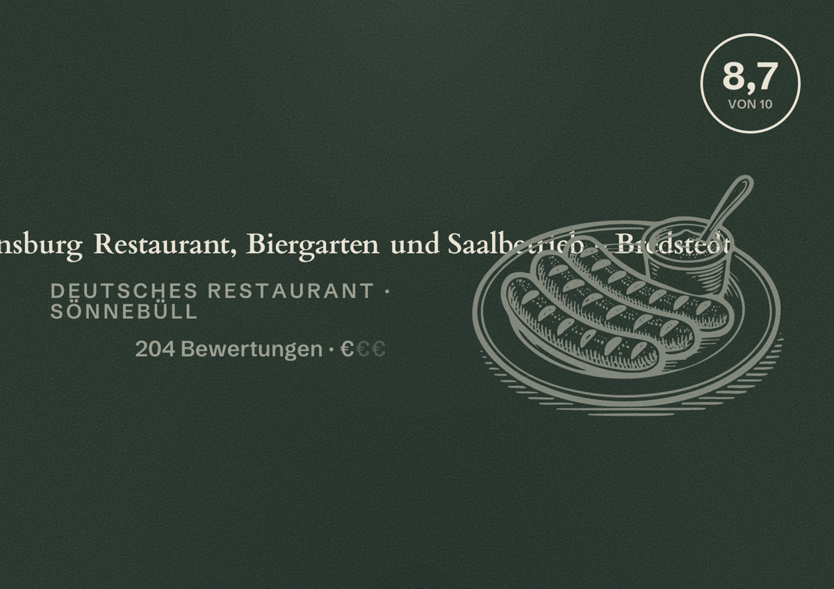 Illustriertes Poster von Gaststätte Friedensburg Restaurant, Biergarten und Saalbetrieb - Bredstedt, Deutsches Restaurant in Sönnebüll: Bewertung 8,7 von 10 aus 204 Bewertungen, Preisniveau €