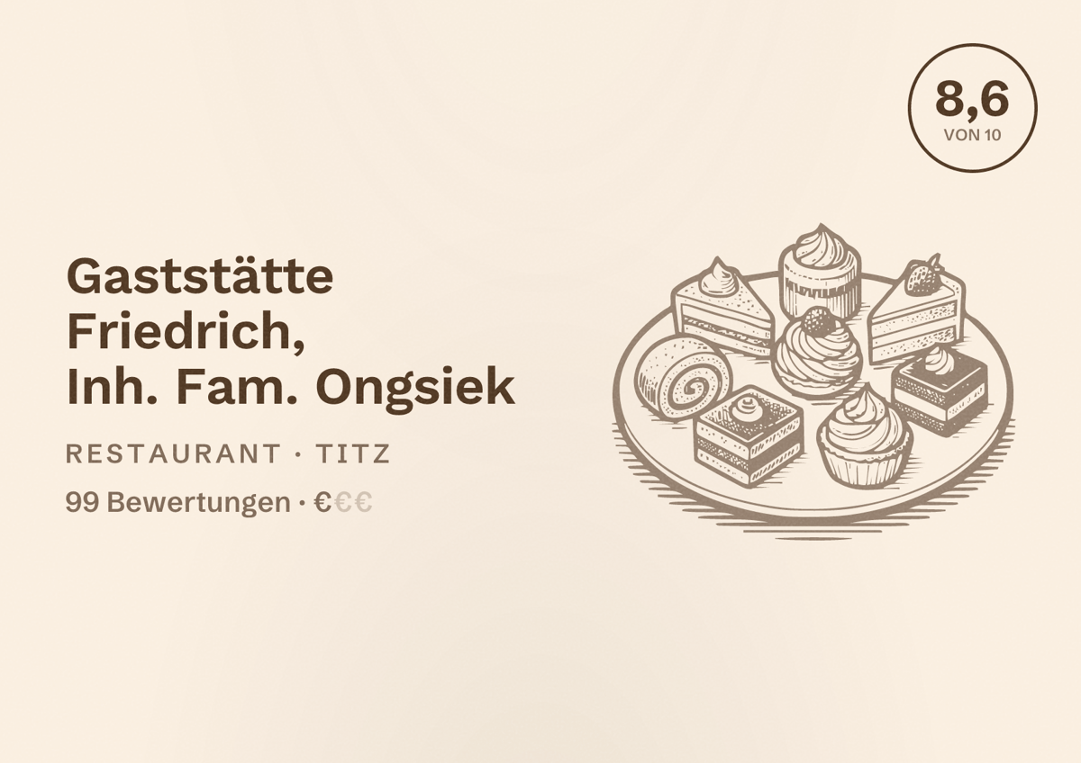 Illustriertes Poster von Gaststätte Friedrich, Inh. Fam. Ongsiek, Restaurant in Titz: Bewertung 8,6 von 10 aus 99 Bewertungen, Preisniveau €