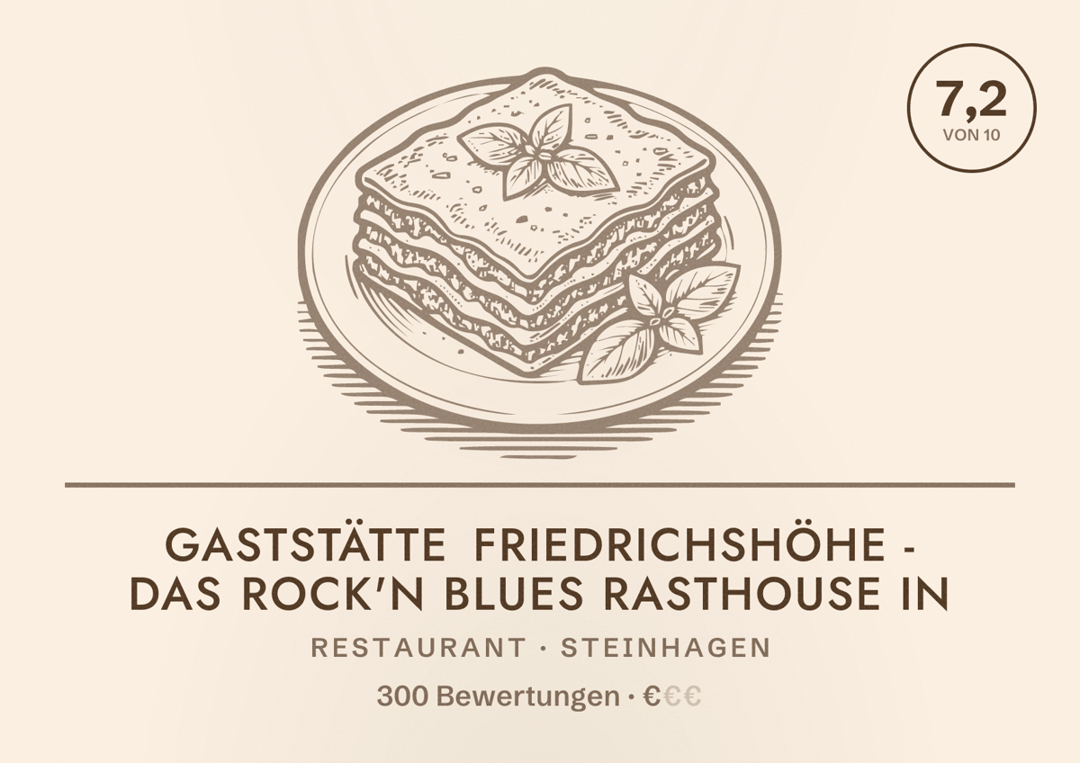 Illustriertes Poster von Gaststätte Friedrichshöhe - DAS Rock'n Blues Rasthouse in, Restaurant in Steinhagen: Bewertung 7,2 von 10 aus 300 Bewertungen, Preisniveau €