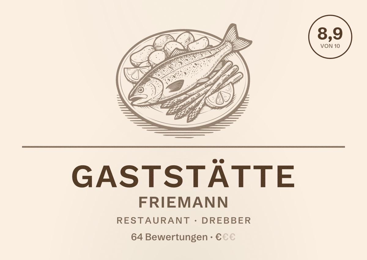 Illustriertes Poster von Gaststätte Friemann, Restaurant in Drebber: Bewertung 8,9 von 10 aus 64 Bewertungen, Preisniveau €