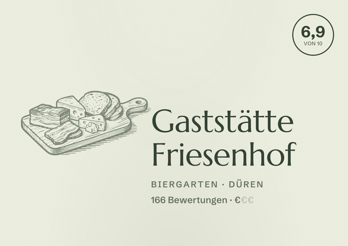 Illustriertes Poster von Gaststätte Friesenhof, Biergarten in Düren: Bewertung 6,9 von 10 aus 166 Bewertungen, Preisniveau €
