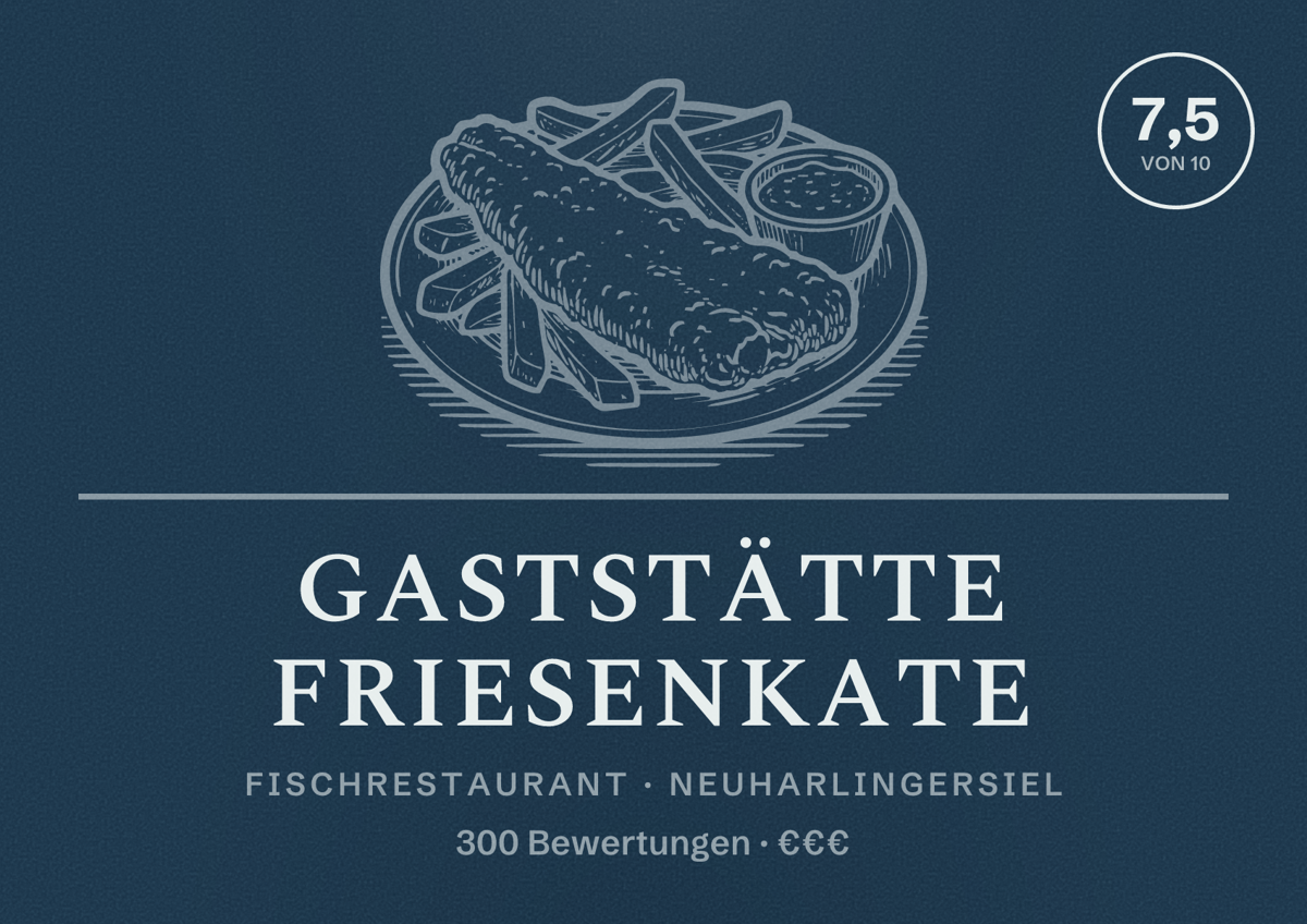 Illustriertes Poster von Gaststätte Friesenkate, Fischrestaurant in Neuharlingersiel: Bewertung 7,5 von 10 aus 300 Bewertungen, Preisniveau €€€