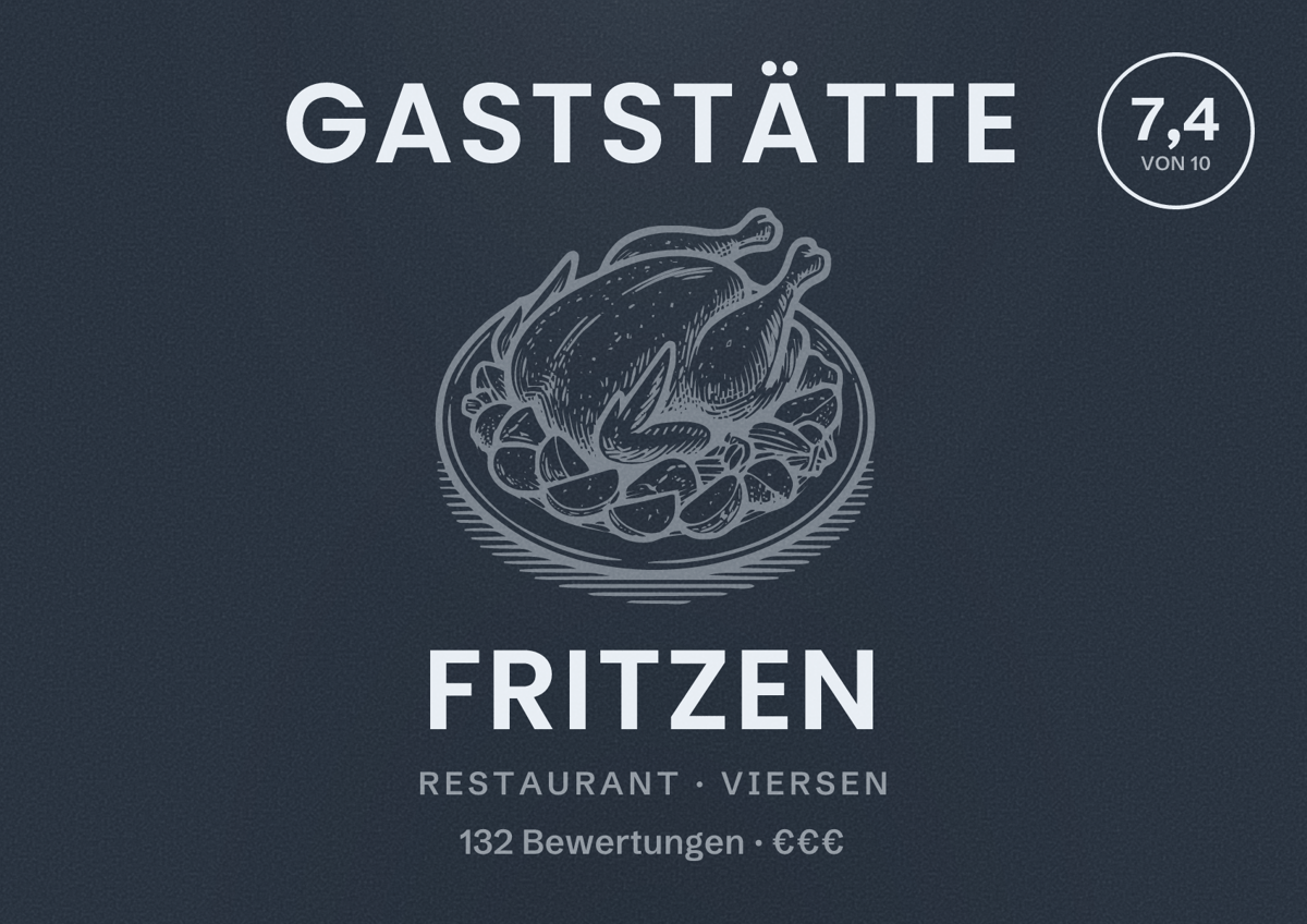 Illustriertes Poster von Gaststätte Fritzen, Restaurant in Viersen: Bewertung 7,4 von 10 aus 132 Bewertungen, Preisniveau €€€