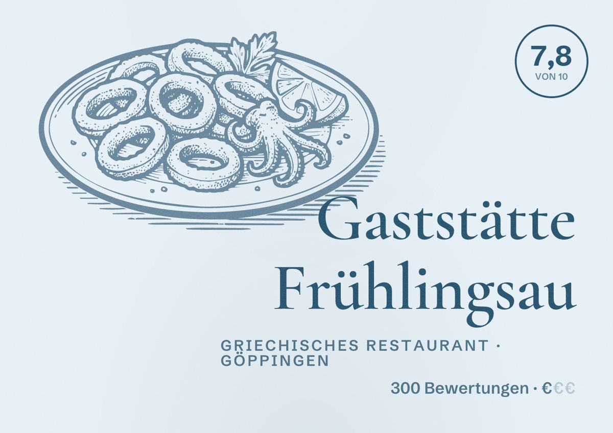 Illustriertes Poster von Gaststätte Frühlingsau, Griechisches Restaurant in Göppingen: Bewertung 7,8 von 10 aus 300 Bewertungen, Preisniveau €