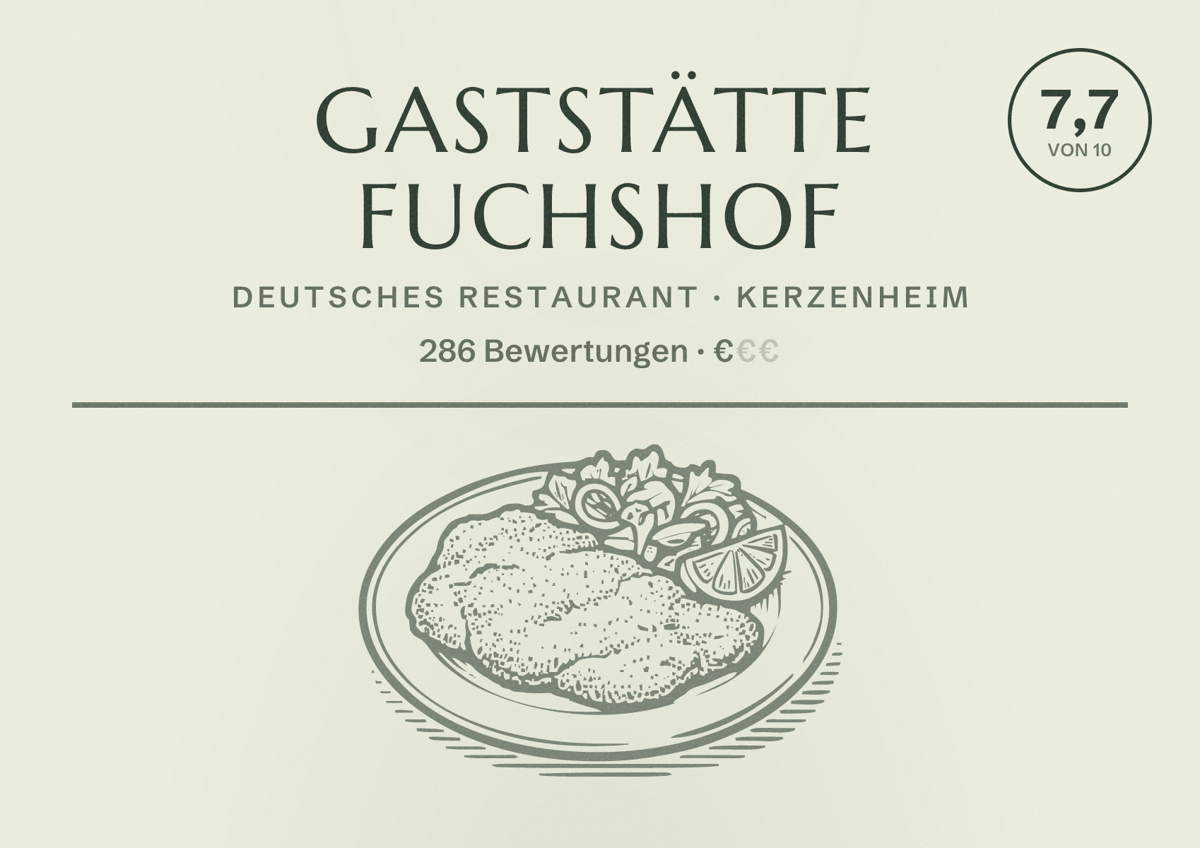 Illustriertes Poster von Gaststätte Fuchshof, Deutsches Restaurant in Kerzenheim: Bewertung 7,7 von 10 aus 286 Bewertungen, Preisniveau €