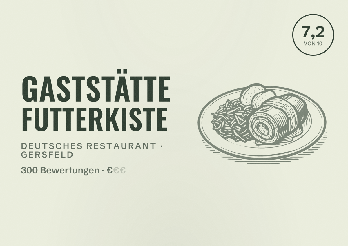 Illustriertes Poster von Gaststätte Futterkiste, Deutsches Restaurant in Gersfeld: Bewertung 7,2 von 10 aus 300 Bewertungen, Preisniveau €
