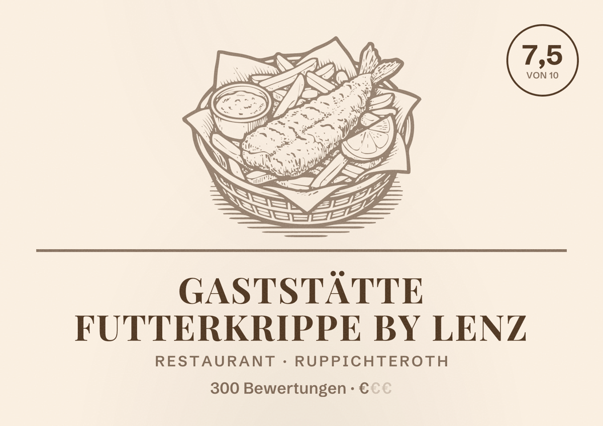 Illustriertes Poster von Gaststätte Futterkrippe by Lenz, Restaurant in Ruppichteroth: Bewertung 7,5 von 10 aus 300 Bewertungen, Preisniveau €