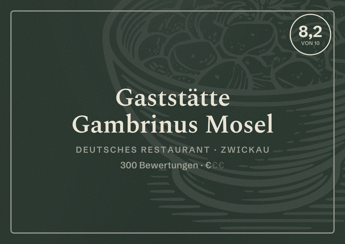 Illustriertes Poster von Gaststätte Gambrinus Mosel, Deutsches Restaurant in Zwickau: Bewertung 8,2 von 10 aus 300 Bewertungen, Preisniveau €