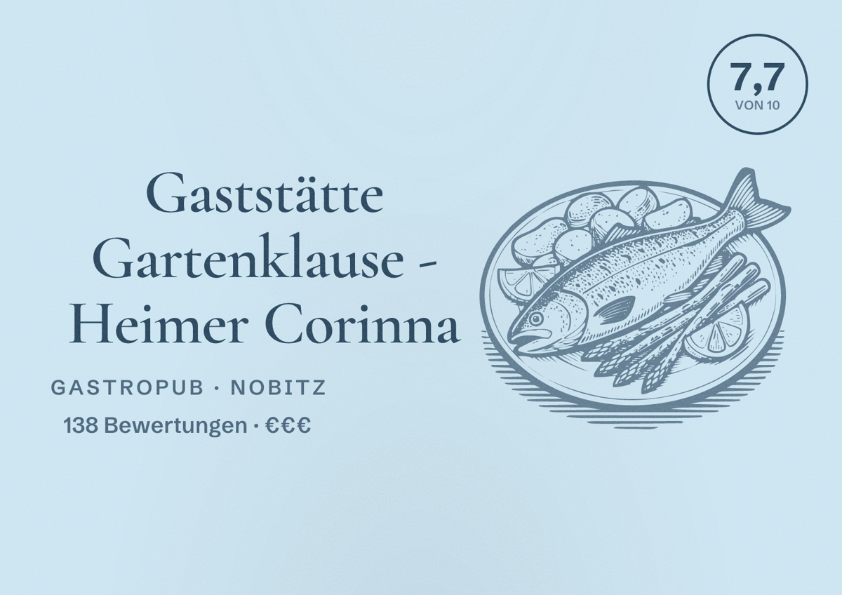 Illustriertes Poster von Gaststätte Gartenklause - Heimer Corinna, Gastropub in Nobitz: Bewertung 7,7 von 10 aus 138 Bewertungen, Preisniveau €€€