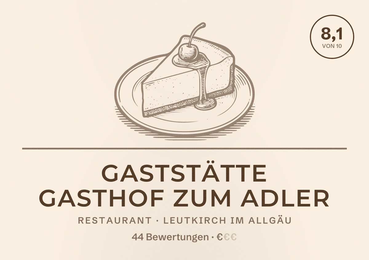 Illustriertes Poster von Gaststätte Gasthof zum Adler, Restaurant in Leutkirch im Allgäu: Bewertung 8,1 von 10 aus 44 Bewertungen, Preisniveau €