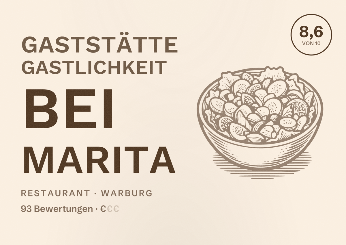 Illustriertes Poster von Gaststätte Gastlichkeit bei Marita, Restaurant in Warburg: Bewertung 8,6 von 10 aus 93 Bewertungen, Preisniveau €