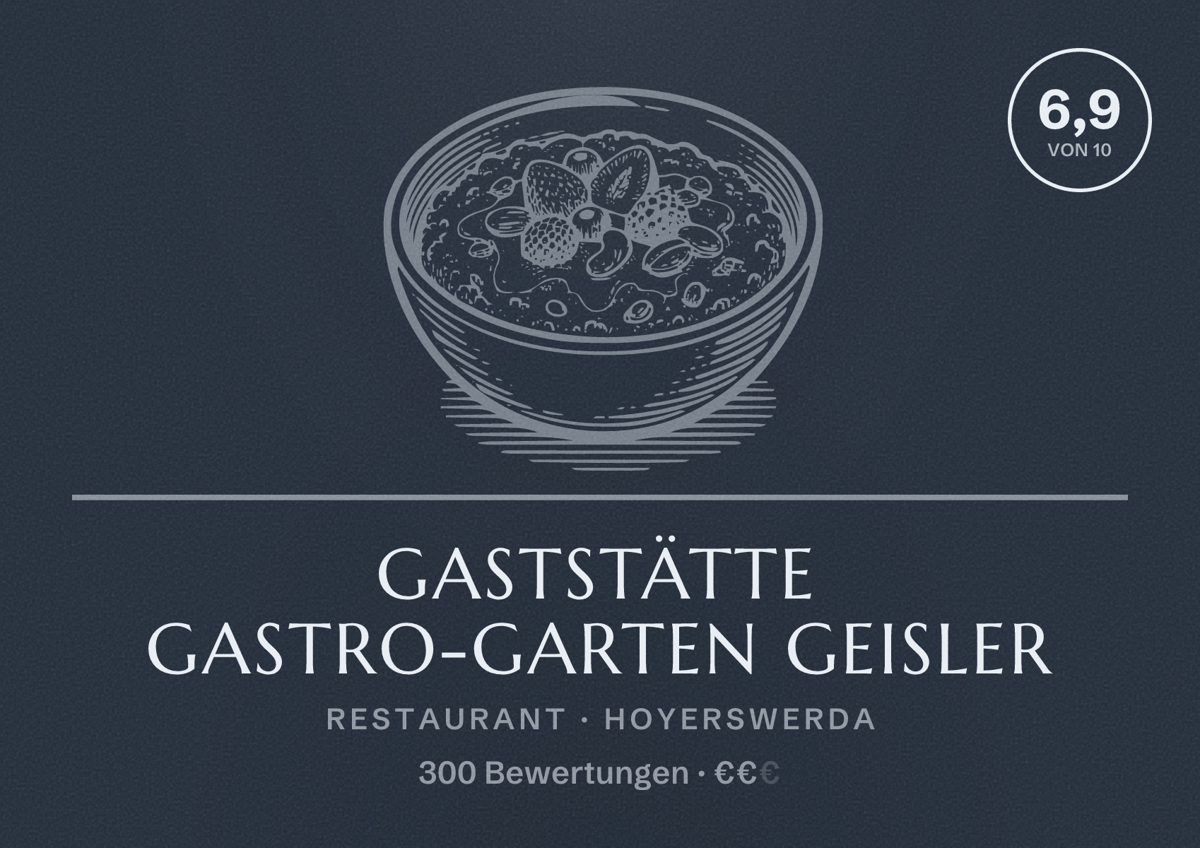 Illustriertes Poster von Gaststätte Gastro-Garten Geisler, Restaurant in Hoyerswerda: Bewertung 6,9 von 10 aus 300 Bewertungen, Preisniveau €€