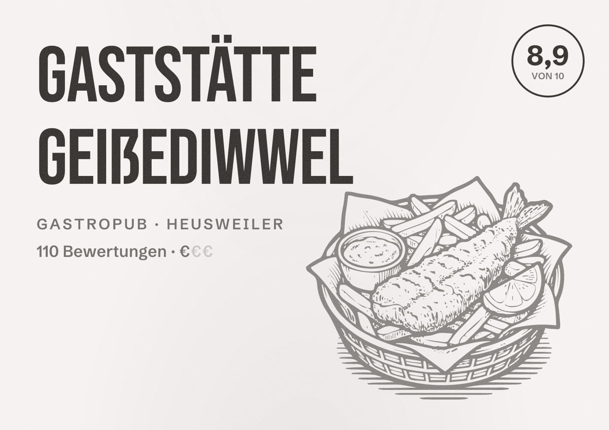 Illustriertes Poster von Gaststätte Geißediwwel, Gastropub in Heusweiler: Bewertung 8,9 von 10 aus 110 Bewertungen, Preisniveau €