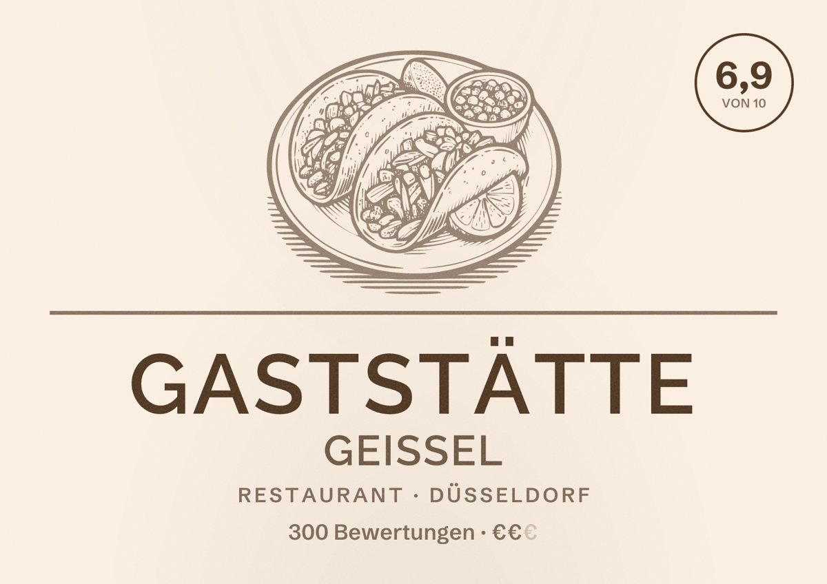 Illustriertes Poster von Gaststätte Geissel, Restaurant in Düsseldorf: Bewertung 6,9 von 10 aus 300 Bewertungen, Preisniveau €€