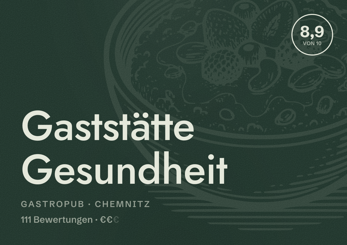 Illustriertes Poster von Gaststätte Gesundheit, Gastropub in Chemnitz: Bewertung 8,9 von 10 aus 111 Bewertungen, Preisniveau €€