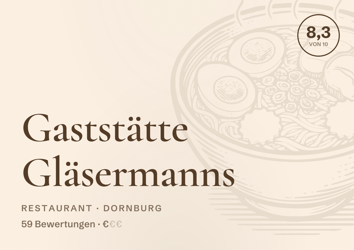 Illustriertes Poster von Gaststätte Gläsermanns, Restaurant in Dornburg: Bewertung 8,3 von 10 aus 59 Bewertungen, Preisniveau €