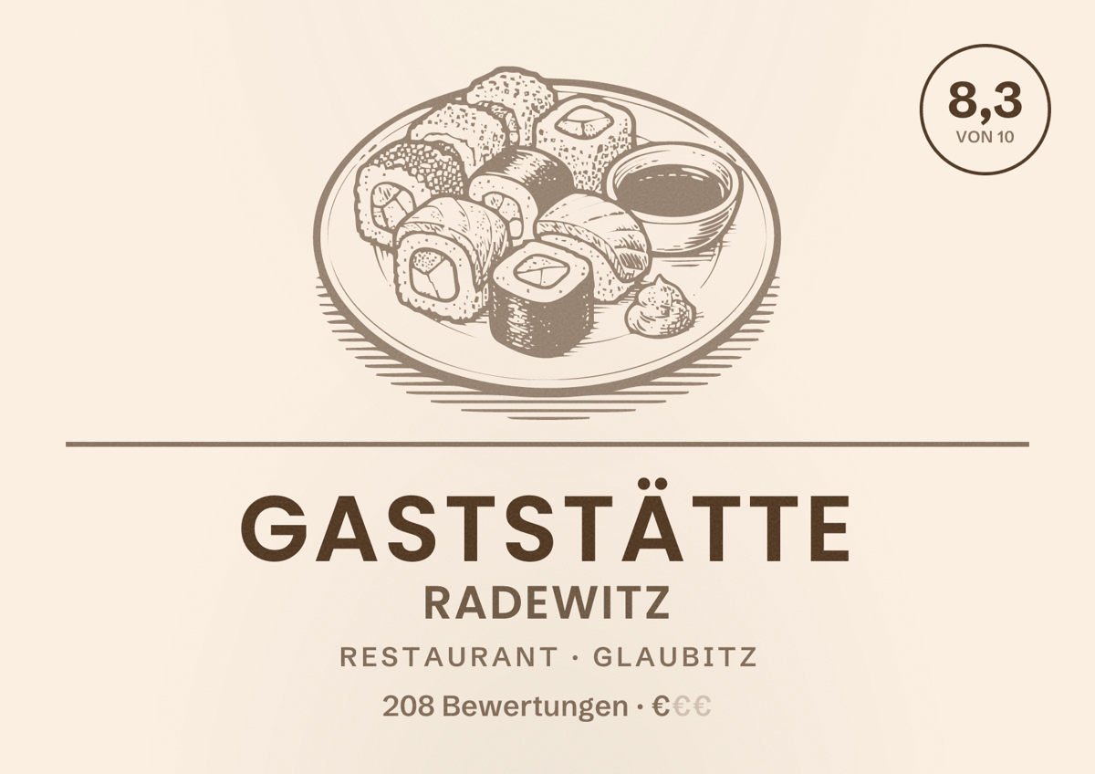 Illustriertes Poster von Gaststätte Radewitz, Restaurant in Glaubitz: Bewertung 8,3 von 10 aus 208 Bewertungen, Preisniveau €