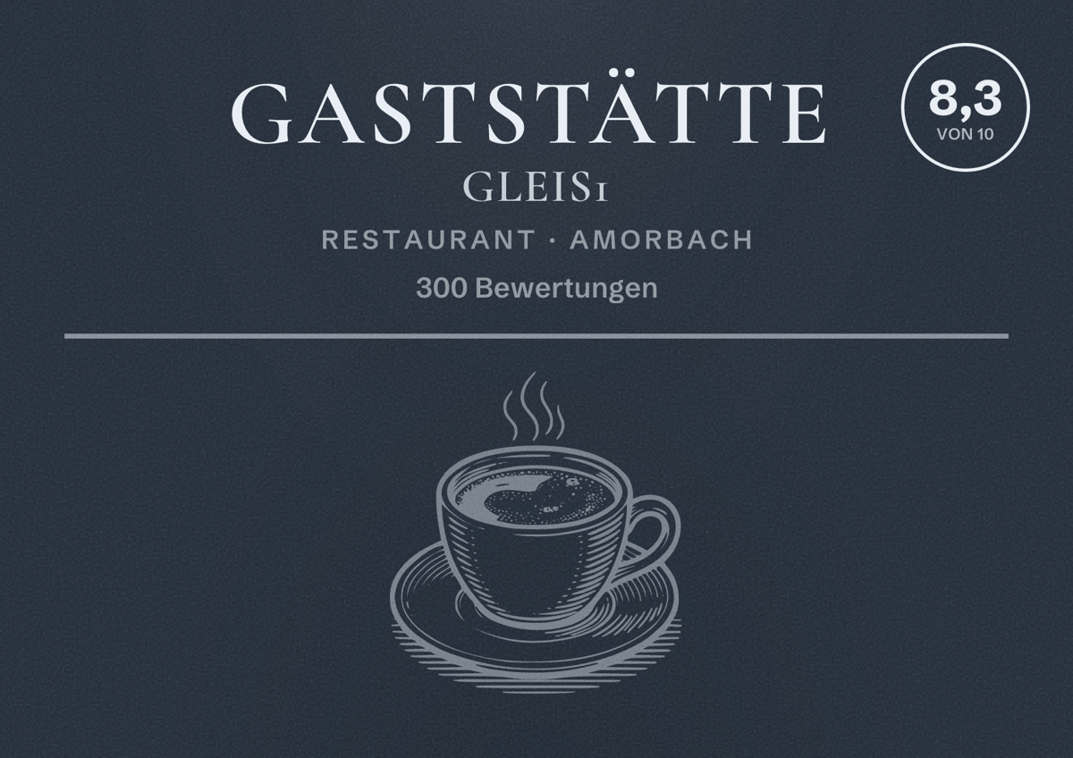 Illustriertes Poster von Gaststätte Gleis1, Restaurant in Amorbach: Bewertung 8,3 von 10 aus 300 Bewertungen