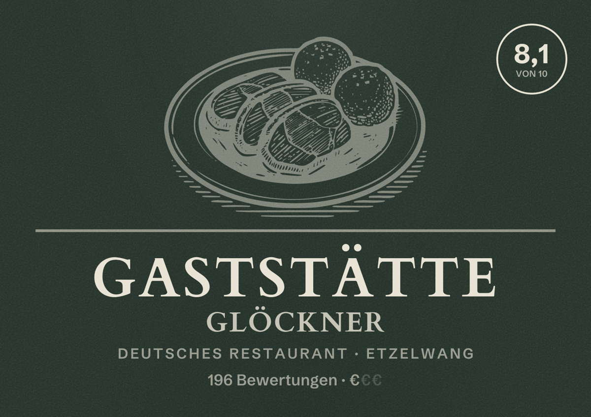 Illustriertes Poster von Gaststätte Glöckner, Deutsches Restaurant in Etzelwang: Bewertung 8,1 von 10 aus 196 Bewertungen, Preisniveau €