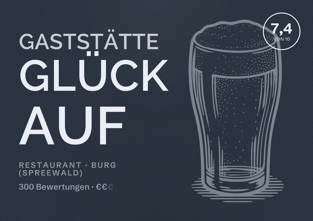 Illustriertes Poster von Gaststätte Glück Auf, Restaurant in Burg (Spreewald): Bewertung 7,4 von 10 aus 300 Bewertungen, Preisniveau €€
