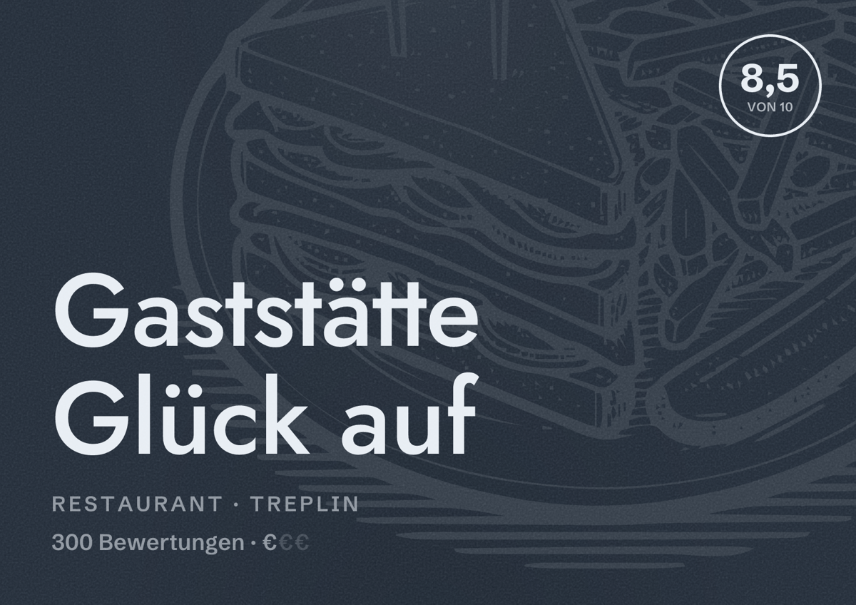 Illustriertes Poster von Gaststätte Glück auf, Restaurant in Treplin: Bewertung 8,5 von 10 aus 300 Bewertungen, Preisniveau €