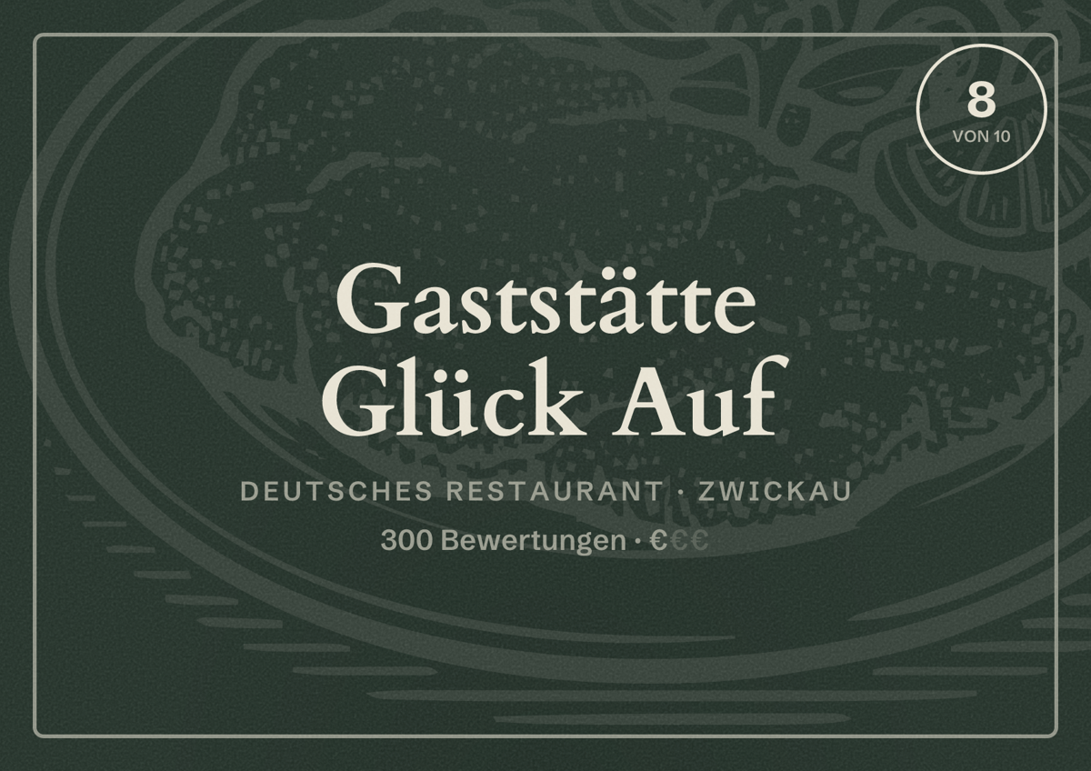 Illustriertes Poster von Gaststätte Glück Auf, Deutsches Restaurant in Zwickau: Bewertung 8 von 10 aus 300 Bewertungen, Preisniveau €